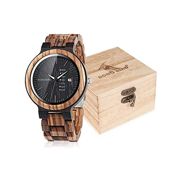 ボボバード BOBO BIRD 腕時計 木製 時計 ウッドウォッチ メンズ 男性用 BOBO Bird Week and Date Multi-Functional Display Men 039 s Zebra Wooden Quartz Watch Lightweight Handmade Casual Wristwatches with Gift Box