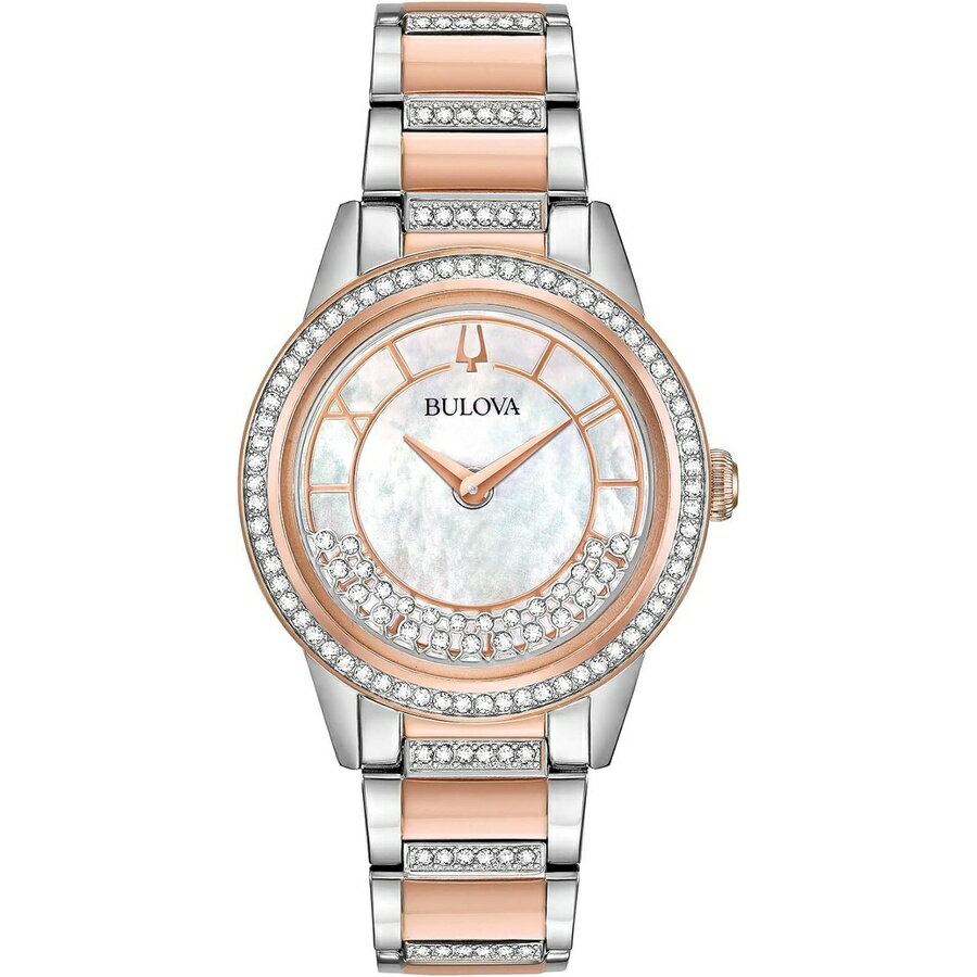 他の ブローバ はこちら Bulova Women's Watchブローバ レディース ウォッチ発送までの目安5〜15日　営業日以内に発送※12月、連休等は物流が混雑し、遅延する場合がございます。予めご了承ください。 商　品　情　報 メーカー Bulova Corporation 商品名（英語） Bulova Women's Watch 商品名（翻訳） ブローバ レディース ウォッチ 商品詳細 ・クリスタルコレクションより。ローズゴールドトーンのアクセントが付いたステンレススチール製、ブレスレット、ベゼル、フローティングホワイトマザーオブパールダイヤル、ドーム型ミネラルガラス、ローズゴールドトーンのアクセント付きステンレススチールブレスレット、展開留め具付き、30メートルまでの耐水性。・2針・ツートンカラーのステンレススチール・139個のクリスタルとドーム型ミネラルクリスタル・30M防水、3年間限定保証 ※メーカーより頂いた商品説明を翻訳しております。翻訳による差異はご了承ください。 ◆ 様々なギフトシーンにぴったりの商品を豊富に取り揃えております ◆ プレゼント　ギフト　クリスマス　母の日　父の日　記念日　誕生日　お誕生日　誕生日プレゼント　敬老の日　記念品　結婚記念日　メモリアルギフト　お祝い　出産祝い　結婚式　結婚祝い　御祝　披露宴　引き出物　引出物　ウェディングギフト　ブライダルギフト　景品　賞品　コンペ景品　ゴルフコンペ　粗品　お中元　御中元　お歳暮　御歳暮　残暑見舞い　引越し　引っ越し祝い　引越し祝い　贈答品　入園祝い　入学祝い　卒業祝い　成人式　就職祝い　昇進祝い　定年退職記念　還暦祝い　卒業記念品　内祝　お返し　お礼　御礼　お祝い返し