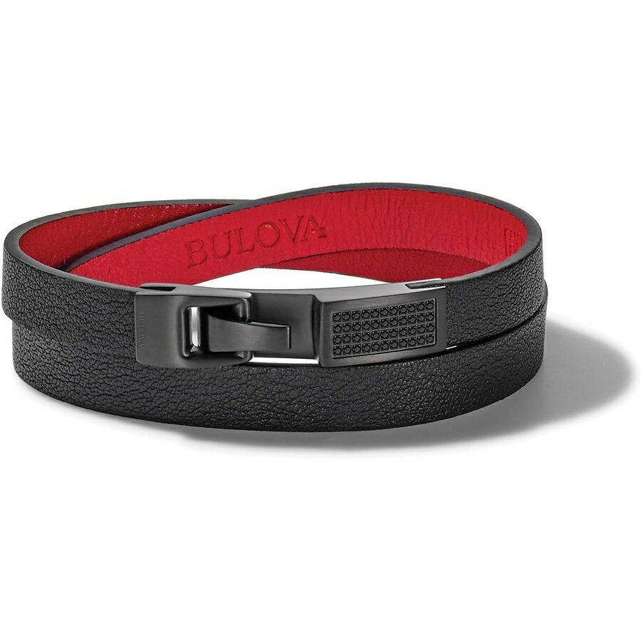 ブローバ メンズラテングラミーダブルラップブラックレザーブレスレット レッドライニングとブラックダイヤモンド付き Men's Latin GRAMMY Double Wrap Black Leather Bracelet with Red Lining and Black Diamonds