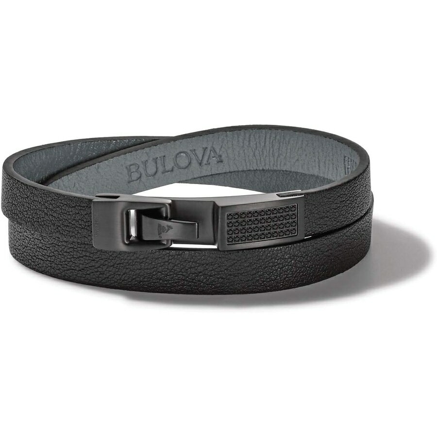 ブローバ メンズ ラテン グラミー ダブルラップ ブラック レザー ブレスレット ダイヤモンドとクラスプ留め Men's Latin GRAMMY Double Wrap Black Leather Bracelet with Diamonds and Clasp Closure