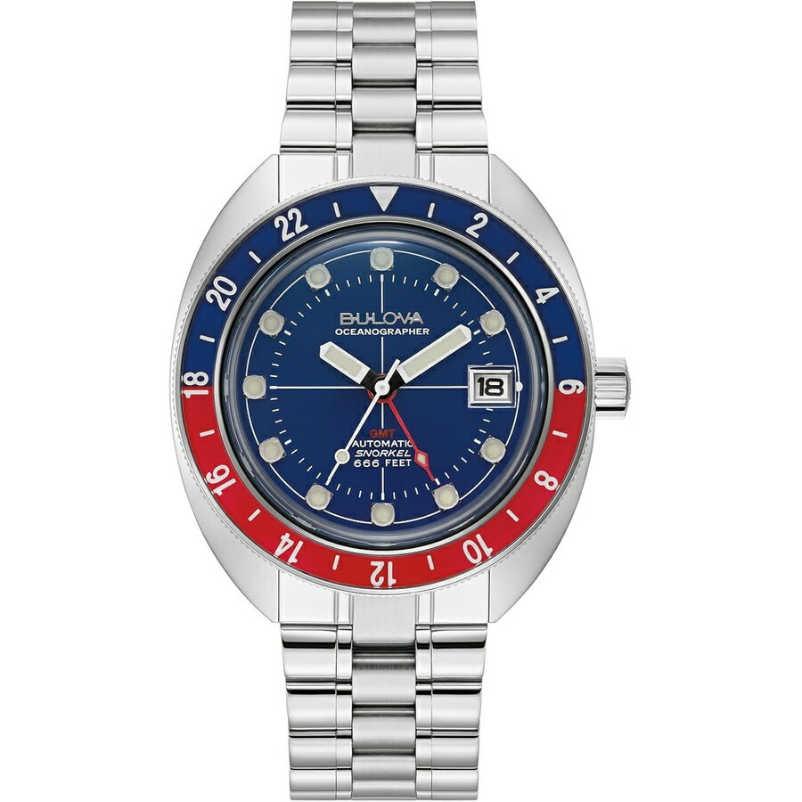 ブローバ 腕時計 ウォッチ メンズ 海洋学者 シュノーケル GMT ステンレススチール ウォッチ 青と赤の双方向回転ベゼル ベゼル ブルーの文字盤スタイル:96B405 Bulova Men's Oceanographer Snorkel GMT Stainless Steel Watch, Blue and Red