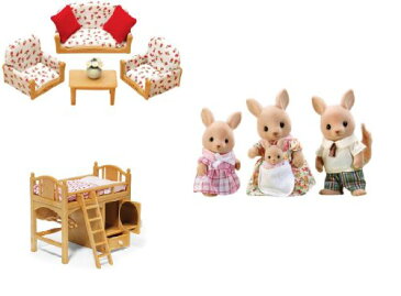 シルバニアファミリー 人形 リビングルーム ロフトベッド カンガルーファミリー Calico Critters Living Room Suite, Sister's Loft Bed, and Hopper Kangaroo Family