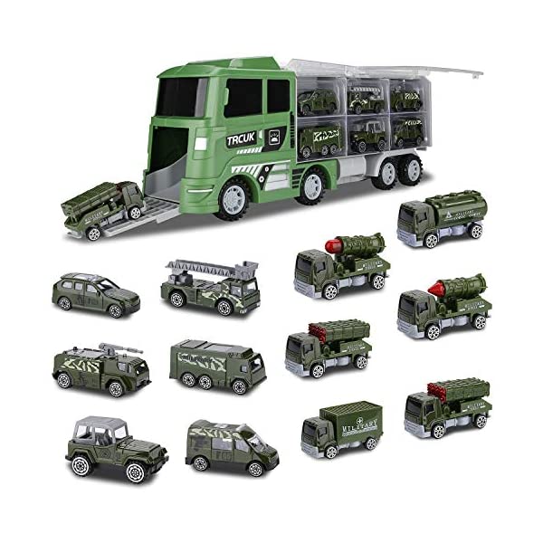 ミリタリー 軍用 ミニカー収納 おもちゃ モデルカー ダイキャスト 模型 ミニカー グッズ 納車祝い プレゼント インテリア スーパーカー Hautton Diecast Military Vehicles Toy Set, 12 in 1 Mini Alloy Metal Army Battle-Car in Carrier Truck Transport Car