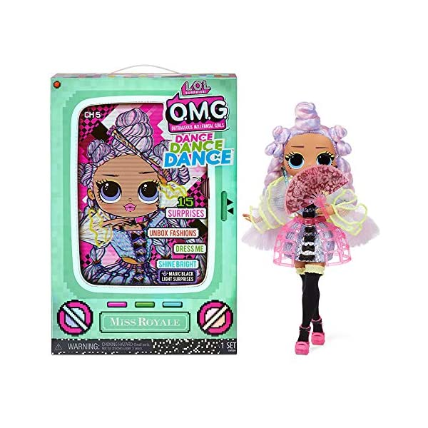 LOLTvCY _X_X_X }WbNubNCg LOL Surprise OMG Dance Dance Dance Miss Royale Fashion Doll with 15 Surprises Including Magic Black Light, Shoes, Hair Brush, Doll Stand and TV Package Great Gift for Girls Ages 4+