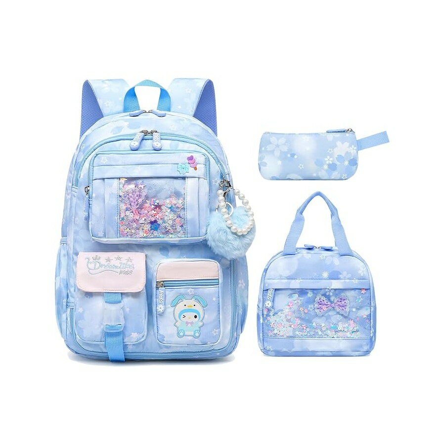 乐天商城 - ガールズ グッズ バックパック リュック バッグ プレゼント ギフト キッズ カワイイ 女の子 通学 習い事 子供 防滴 子供（17インチ ブルー） Lovely Girls Backpack School Bag for Students Kids Book Bag with Multiple Pockets Splash-proof Children's