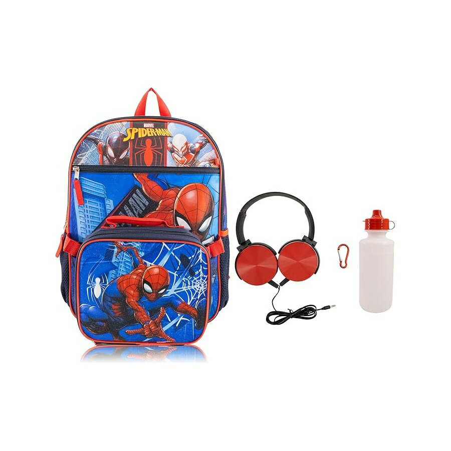 乐天商城 - スパイダーマン グッズ バックパック リュック バッグ プレゼント ギフト キッズ 子供 ランチボックス付き 男の子 女の子 幼児 通学 通園 ヘッドフォン　ウォーターボトル Marvel Spiderman Backpack With Lunch Box