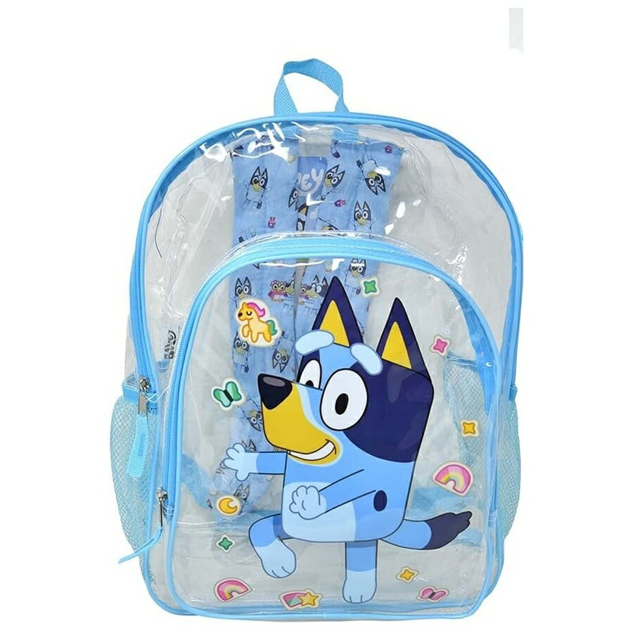 乐天商城 - ブルーイー ビンゴ グッズ バックパック リュック バッグ プレゼント ギフト キッズ 16インチ 子供クリア 2 つのメッシュサイドポケット付 透明 水泳バッグ スクール 学校 軽量 耐久性 BLTR Fast Forward Bluey 16” Clear Backpack for Kids Transparent