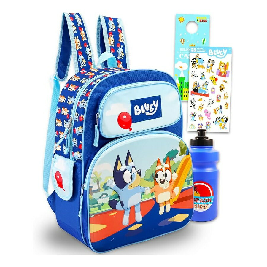ブルーイー ビンゴ グッズ バックパック リュック バッグ プレゼント ギフト キッズ 子供 16インチ ウォーターボトル 女の子 男の子 子供 Bluey Backpack for Kids Bundle with 16" Bookbag, Water Bottle, Stickers, More Bluey and Bingo Bookbag