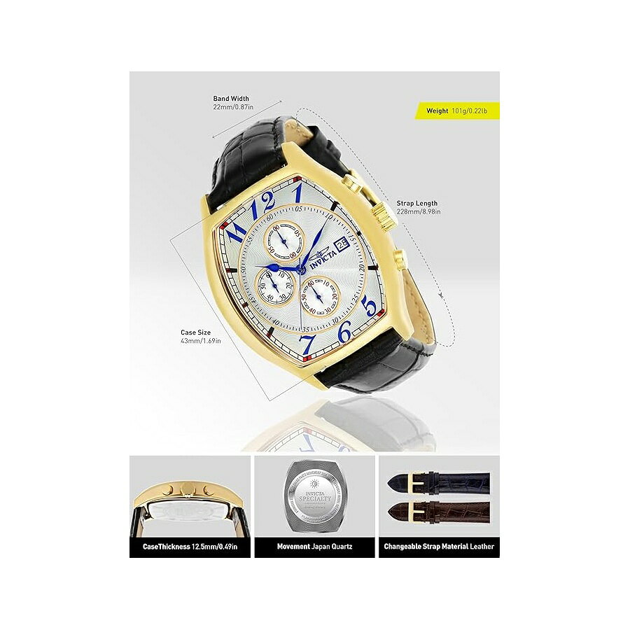 i-selectionのインヴィクタ メンズ 14330 スペシャルティ トノーウォッチ 3 テクスチャードレザーストラップセット付き Invicta Men's 14330 Specialty Tonneau Watch with 3 Textured Leather Strap Set｜アングル3