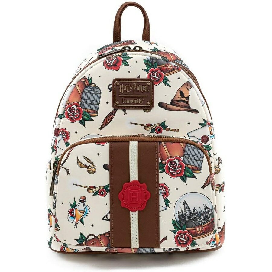 Loungefly ハリー・ポッター タトゥー アート クリーム色 レディース ダブルストラップ ショルダーバッグ 財布 Loungefly Harry Potter Tattoo Art Cream Color Womens Double Strap Shoulder Bag Purse