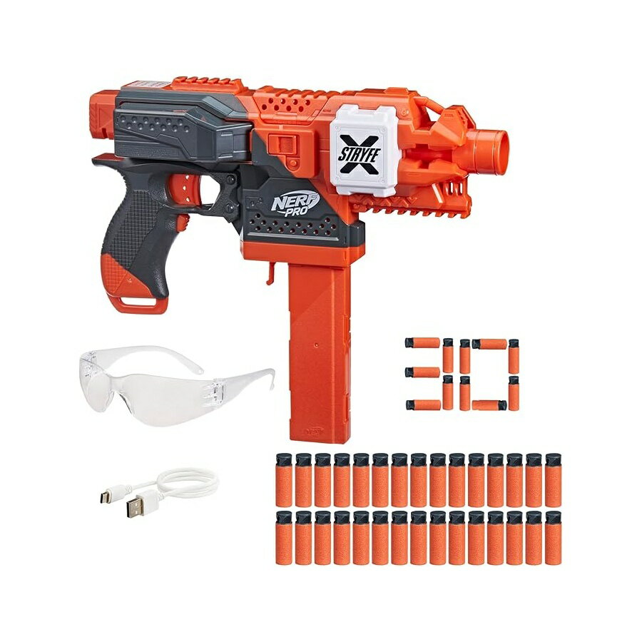 NERF Pro Stryfe X ダーツ セミオートブラスター 充電式リポバッテリー AccuStrike ハーフレングスダーツ 30 本 ダーツマガジン 15 本 150 FPS アイウェア 14 歳以上 (限定) NERF Pro Stryfe X Dart Semi-Auto Blaster, Rechargeable LiPo Battery, 30