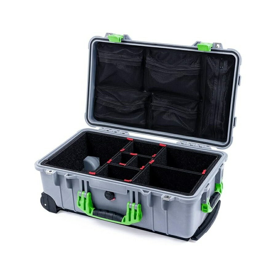 Rakuten - シルバー & ライム グリーンの Pelican 1510 ケース TrekPak ディバイダーとメッシュ蓋オーガナイザー付き Silver & Lime Green Pelican 1510 Case with TrekPak dividers & mesh lid Organizer.