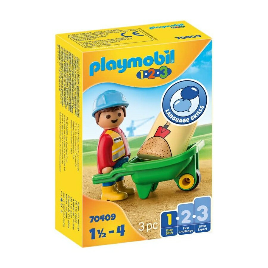 プレイモービル 建設労働者 手押し車 70409 1.2.3 幼児用 Playmobil Construction Worker with Wheelbarrow 70409 1.2.3 for Young Kids