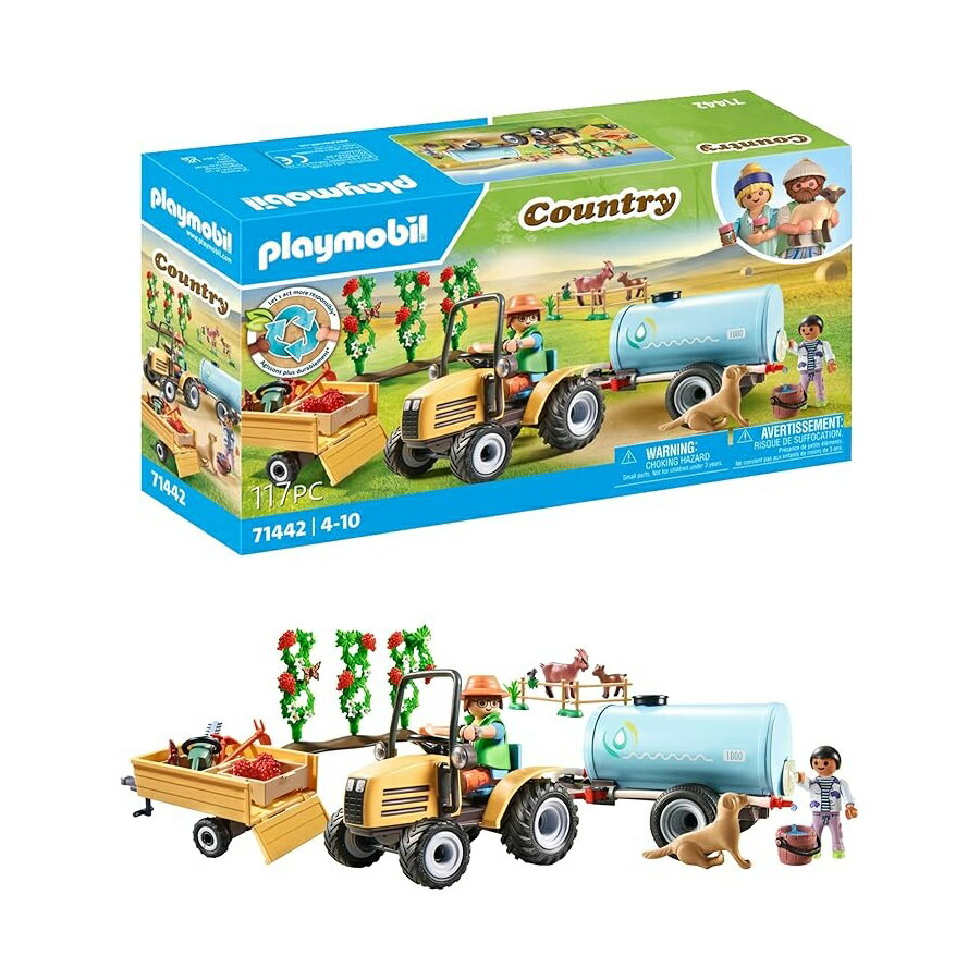 PLAYMOBIL Country 71442 トレーラーとタンク付きトラクター 農場での新鮮な収穫 環境についての学習 想像力豊かで楽しいロールプレイング 4歳以上の子供向けおもちゃ PLAYMOBIL Country 71442 Tractor with Trailer and Tank, Fresh Harvest on the Farm, Learning