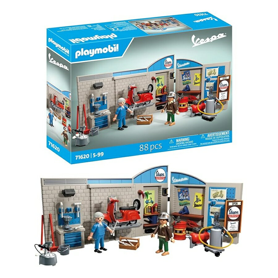 プレイモービル 71620 ガレージ ベスパ 60s 2 人のキャラクター ベスパ 2 パーツのガレージ ウォール モバイル リフト プラットフォームとアクセサリーが含まれています 5 歳から Playmobil 71620 Garage Vespa 60s Includes Two Characters, Vespa, 2-Part Garage