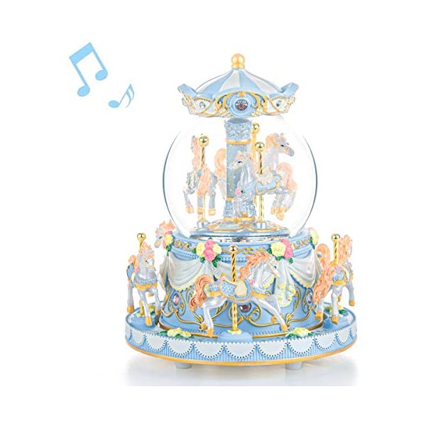 楽天i-selectionスノードーム ディズニー メリーゴーランド クリスマス プレゼント サンタクロース ツリー Carousel Snow Globe Music Box - 8 Horse Blue Snowglobe Anniversary Christmas Birthday Gift for Wife Daughter Girlfriend Girl Wind Up Clockwork Musical Box