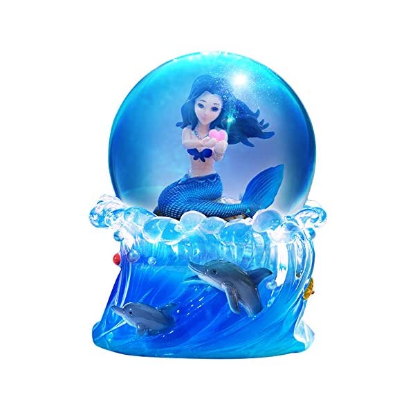 スノードーム 人魚 マーメイド イルカ クリスマス プレゼント サンタクロース ツリー Mermaid Snow Globe with Colorful Lights, Shells, Coral,Musical Box Plays Tune by The Beautiful Sea for Home Decor Christmas Birthday Gift (Canon)