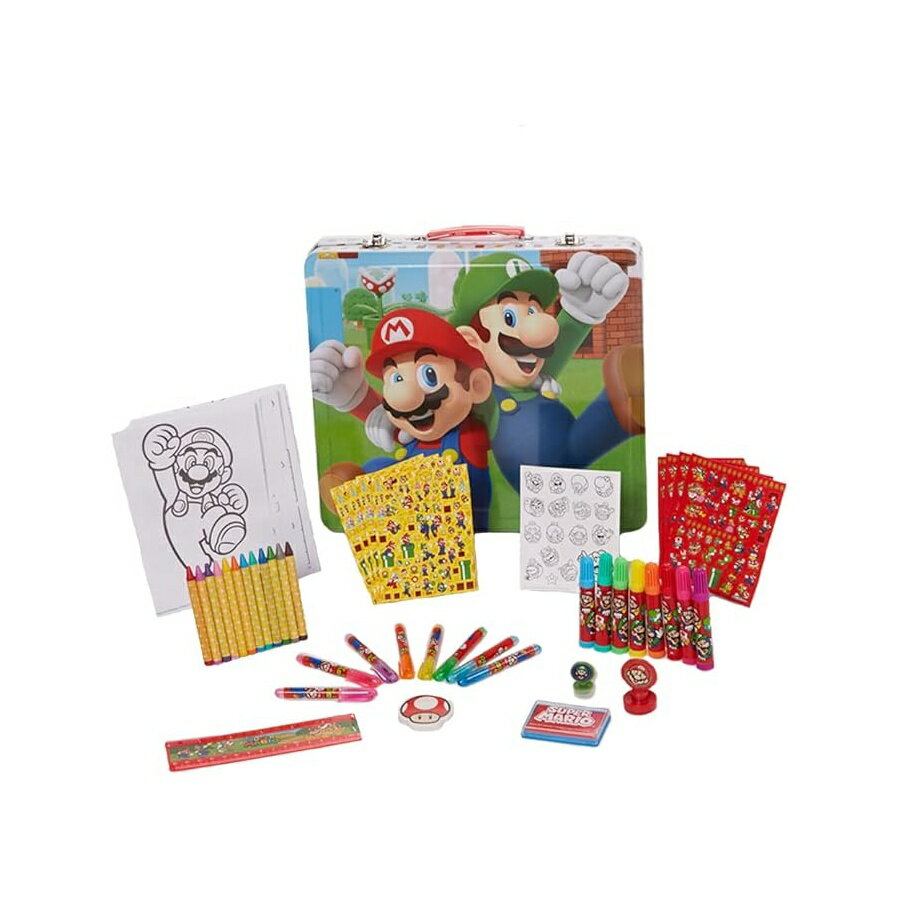 スーパーマリオ ぬりえ プレイセット おでかけ Stickers, & Art Supplies Innovative Designs Mario Brothers Super Mario Deluxe Activity Set with Carrying Tin, Coloring Sheets, Tattoos,