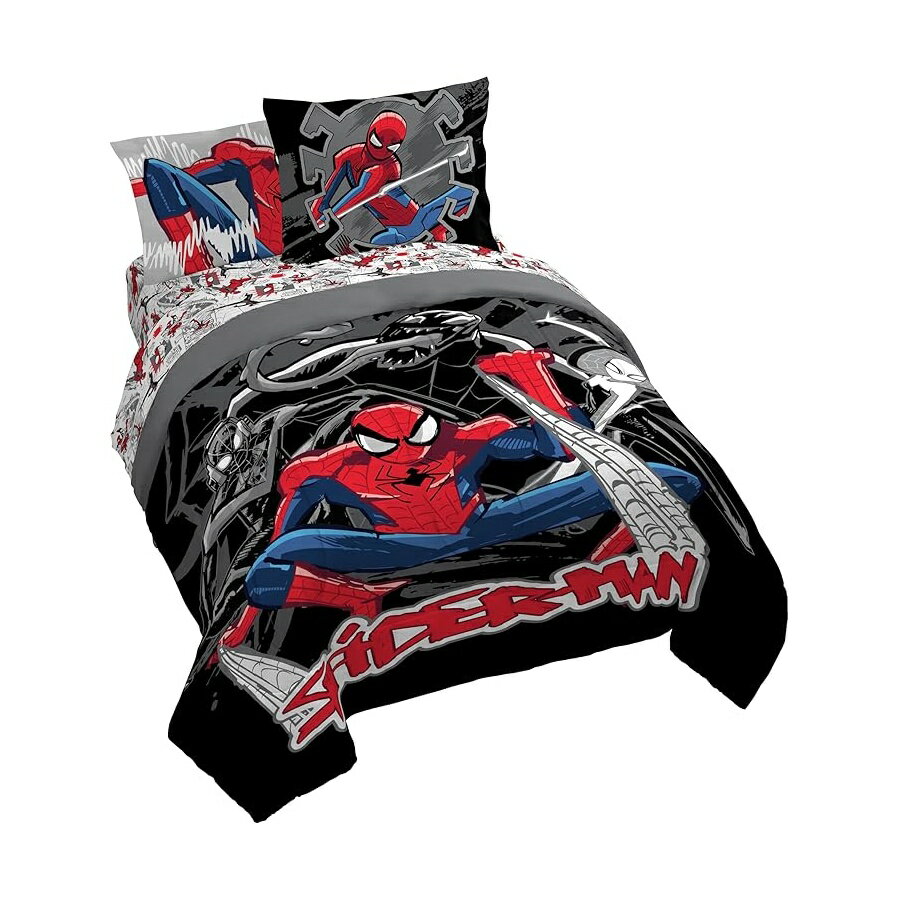 Rakuten - マーベル スパイダーマン クイーン掛け布団 7 点セット バッグに入ったベッドにはリバーシブル掛け布団 シーツ 枕カバーが含まれます スーパーソフトで色あせしにくいマイクロファイバー (マーベル公式製品) ブラック Jay Franco Marvel Spiderman