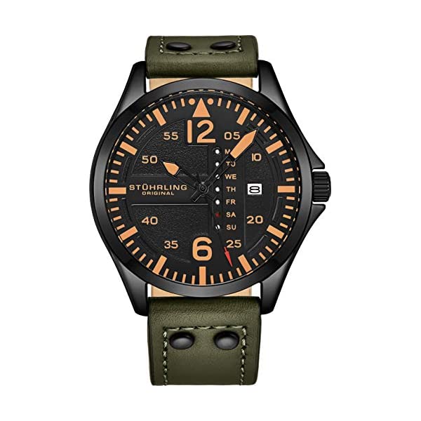 ストゥーリング オリジナル 腕時計 Stuhrling Original 3916.3 メンズ 男性用 レザー 本革 時計 ウォッチ Stuhrling Original Mens Leather Watch -Aviation Watch, Quick-Set Day-Date, Leather Band with Steel Rivets, Men Watch Collection