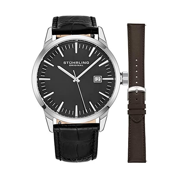 ORIENT - ストゥーリング オリジナル 腕時計 555AZ.02 クォーツ メンズ 男性用 レザー 本革 時計 ウォッチ Mens Minimalist Swiss Quartz Stainless Steel Dress Wrist-Watch, Quick-Set Date, 2 Easy-Interchangeable Leather Straps ? 555AZ Series