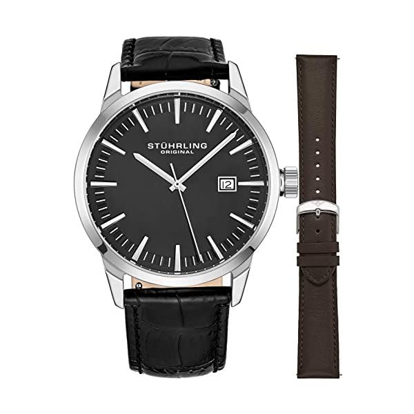 ȥ ꥸʥ ӻ 555AZ.02    쥶 ܳ  å Mens Minimalist Swiss Quartz Stainless Steel Dress Wrist-Watch, Quick-Set Date, 2 Easy-Interchangeable Leather Straps ? 555AZ Series