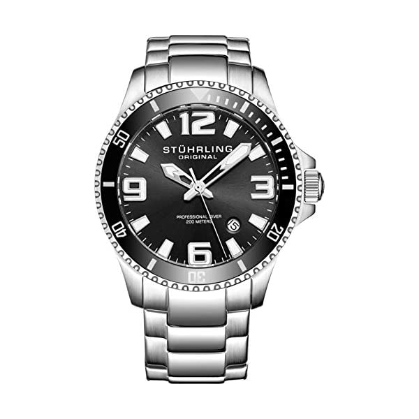 ȥ ꥸʥ ӻ Stuhrling Original 395.33B11 ʥ     å Stuhrling Original Mens Swiss Quartz Stainless Steel Sport Analog Dive Watch, Water Resistant 200 Meters, Black Dial, Aqua-Diver