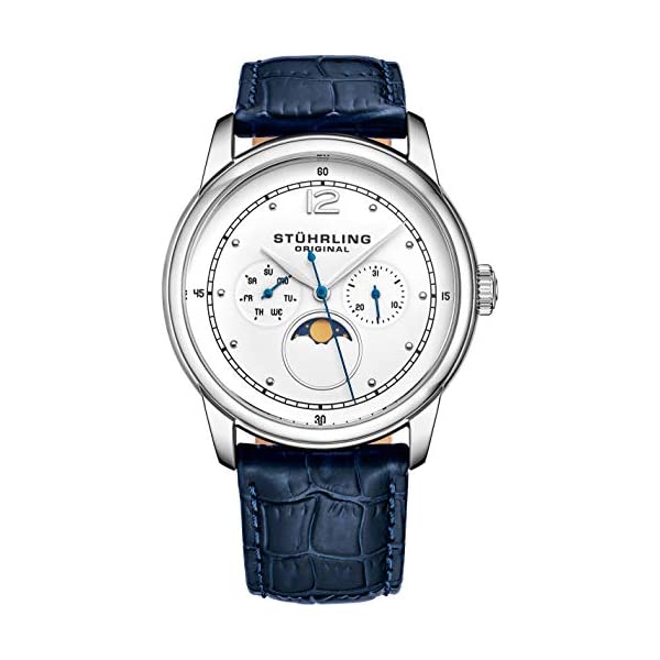 ストゥーリング オリジナル 腕時計 898.01 アナログ メンズ 男性用 レザー 本革 時計 ウォッチ Mens MoonPhase Dress Watch - Stainless Steel Case and Leather Band - Analog Dial with Day of The Week and Date Celestia Mens Watches Collection