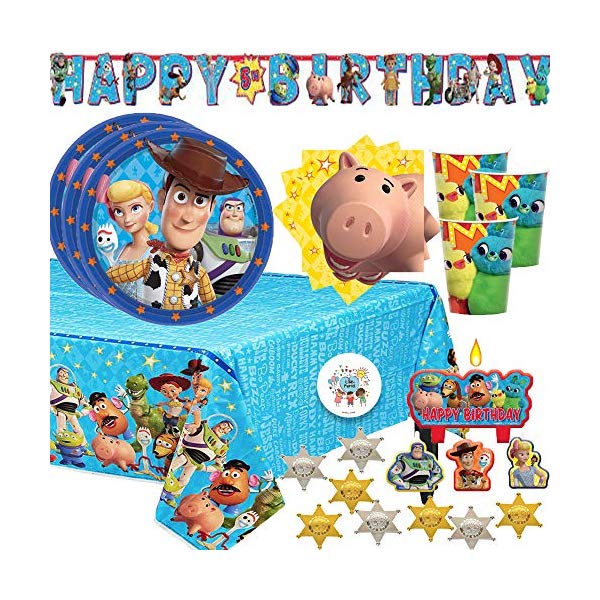 トイストーリー4 バースデー パーティーセット お誕生日会 パーティーグッズ おもちゃ グッズ Toy Story 4 Birthday Party Supplies Pack For 16 With Toy Story Plates, Napkins, Cups, Birthday Candles, Tablecover, Add An Age Birthday Banner, 12 Sheriff Badges