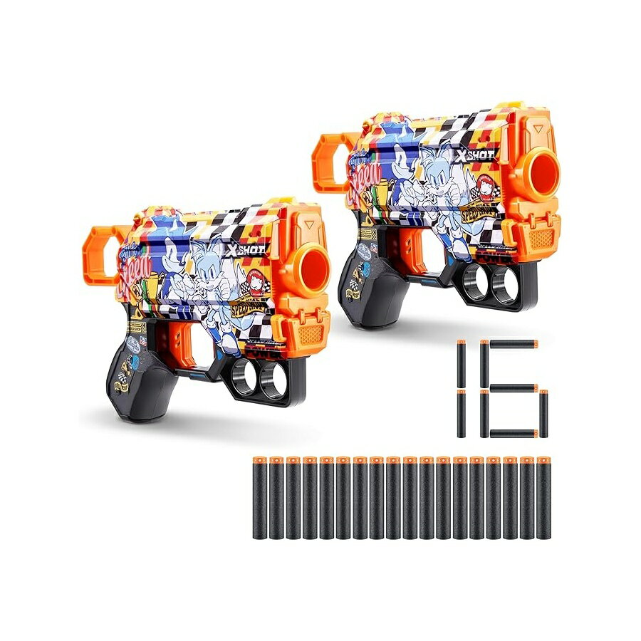 XSHOT スキンズ メナス - ソニック スーパー スピード (2 パック + ダーツ 16 本) ZURU 製、簡単リロード、エアポケットダーツテクノロジー、おもちゃフォームダーツブラスター、子供、ティーン、大人用、フラストレーションフリーパッケージ XSHOT Skins Menace - Sonic