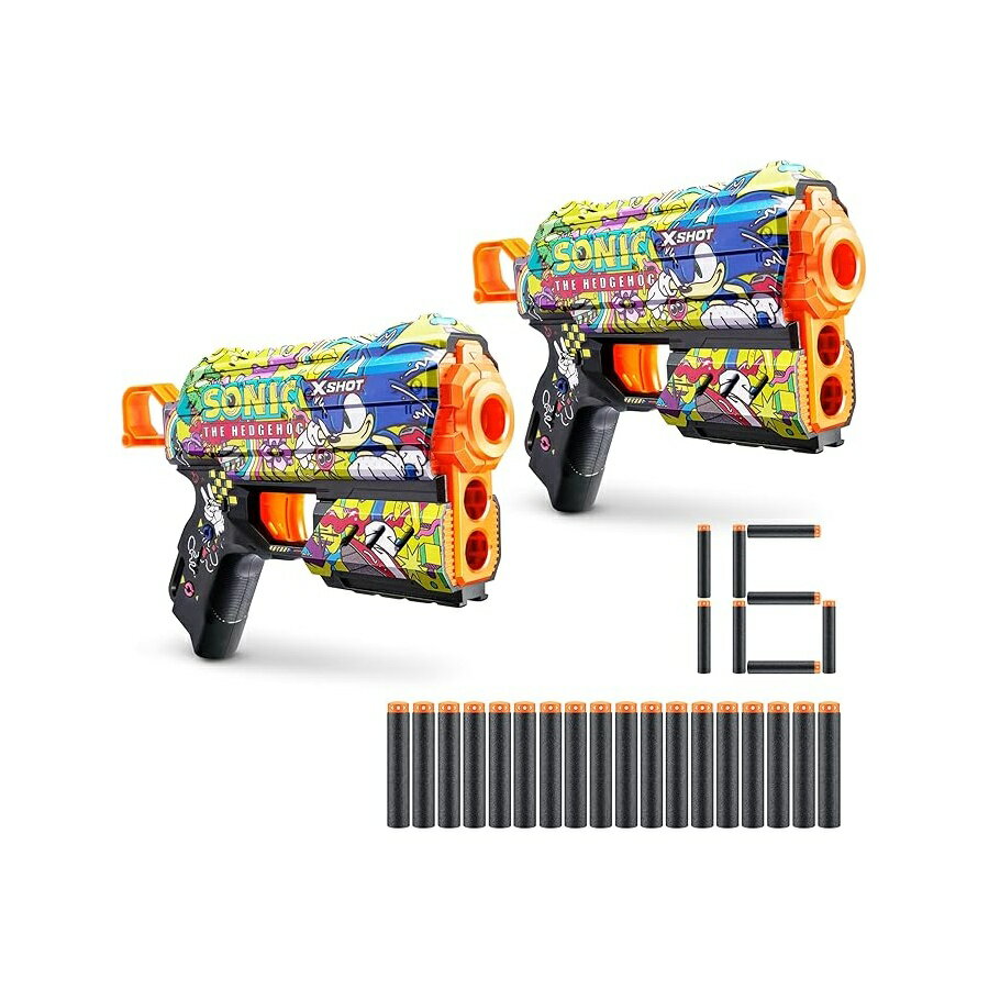 XSHOT スキン フラックス - ソニック ハイパー スパイク X (2 パック + 16 ダーツ) ZURU 製、簡単リロード、エアポケットダーツテクノロジー、子供、ティーン、大人向けのトイフォームダーツブラスター、フラストレーションフリーパッケージ XSHOT Skins Flux - Sonic Hyper