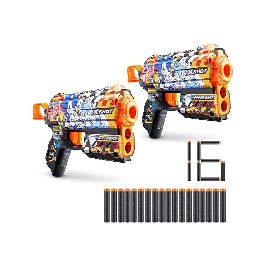 XSHOT スキン フラックス - ソニック スーパー スピード (2 パック + 16 ダーツ) ZURU 製、簡単リロード、エアポケットダーツテクノロジー、子供、ティーン、大人向けのおもちゃのフォームダーツブラスター、フラストレーションフリーパッケージ XSHOT Skins Flux - Sonic