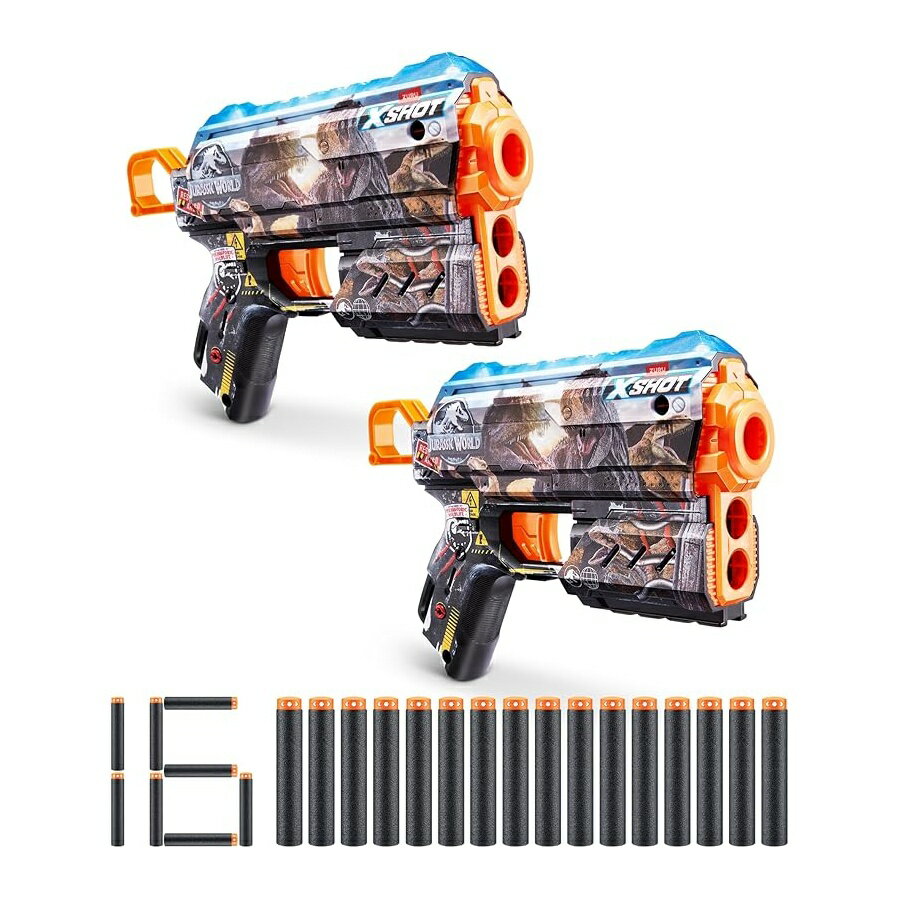 XSHOT スキン フラックス ブラスター - ジュラシック ワールド スキン (2PK) ZURU ジュラシック ワールド スキン デザイン ダーツ 16 本、簡単リロード、エアポケット ダーツ テクノロジー、子供、若者、大人向けのおもちゃのフォーム ブラスター付き XSHOT Skins Flux