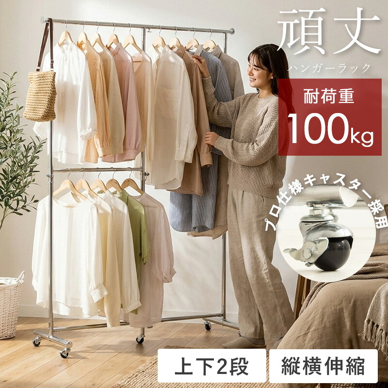 ハンガーラック 頑丈 2段 耐荷重100kg 縦横伸縮 キャスター付き 業務用 パイプハン...