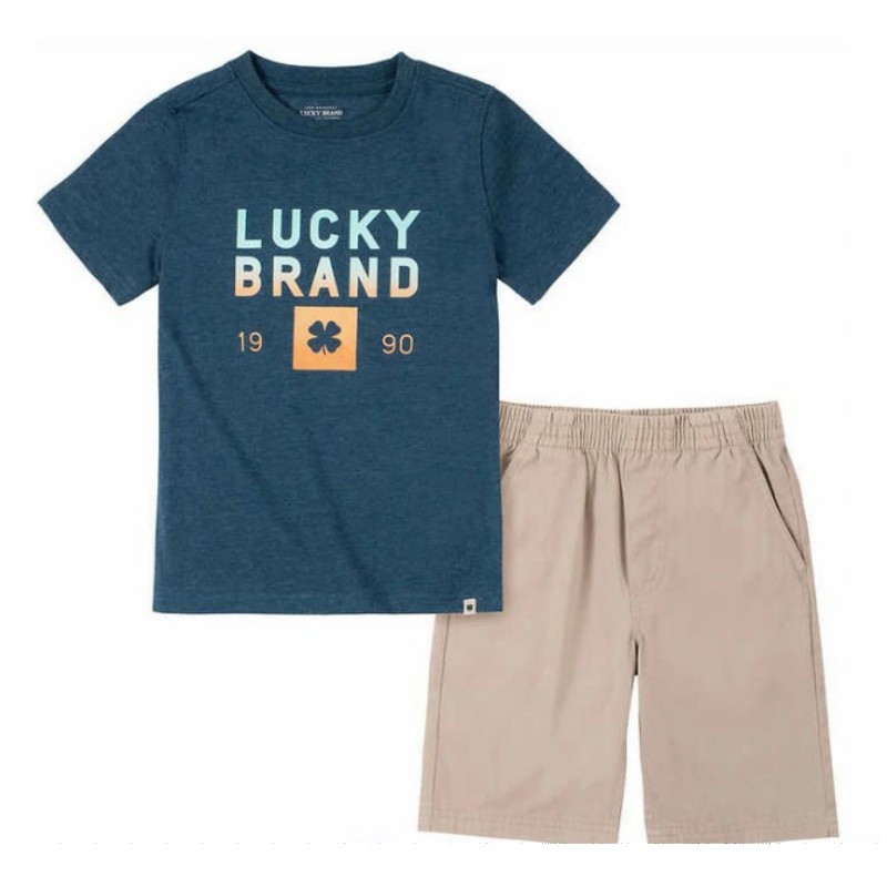 （LUCKY BRAND キッズ 上下セット 半袖Tシャツ パンツ ネイビー/ベージュ）サイズ3T-7 子供服 半袖 半ズボン 女の子 男の子 部屋着 C2210520