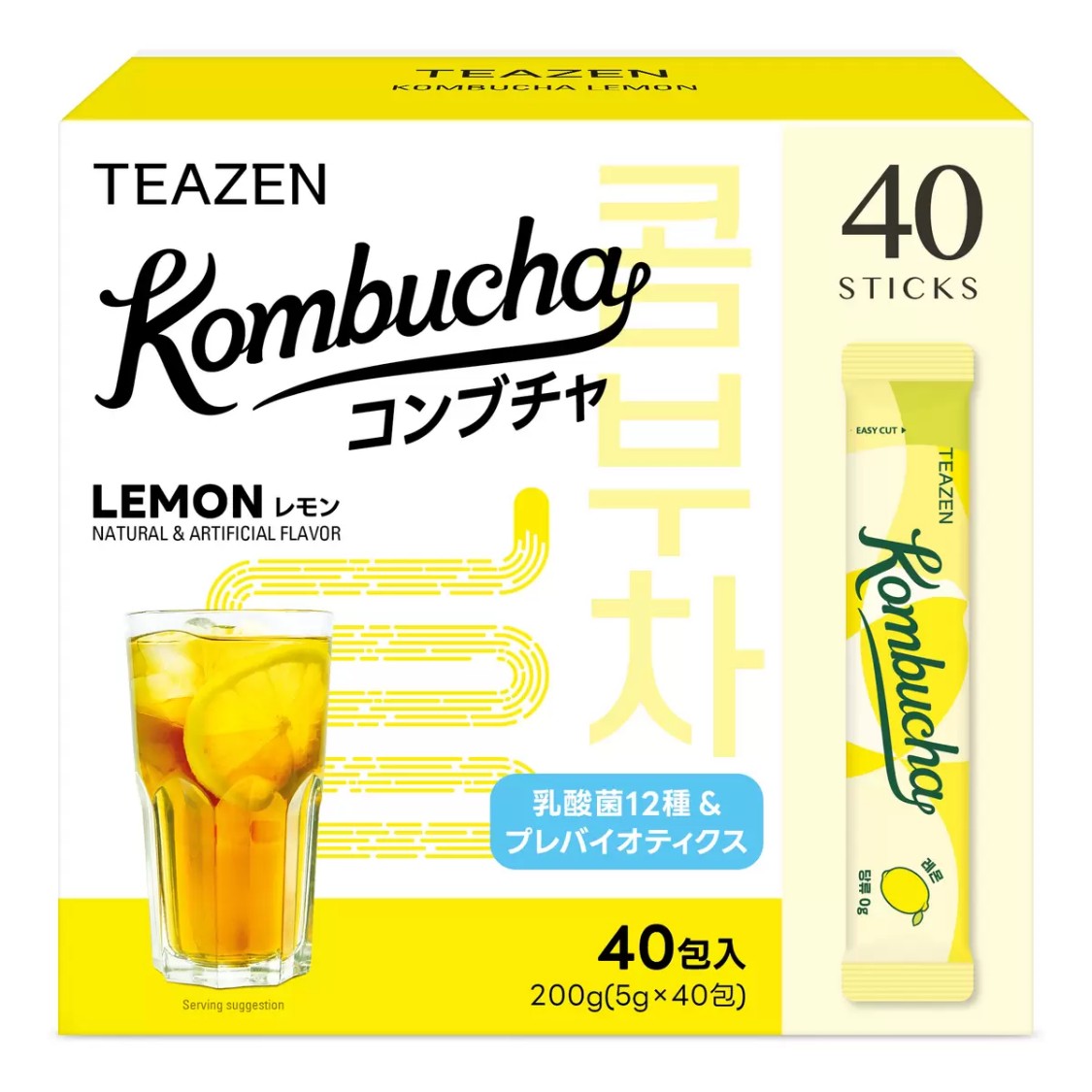 クセがない味で美容をサポートします。 Teazenでは原料の直輸入管理、HACCP認定自社工場の生産管理を行っています。 運動中、仕事中、勉強中、炭酸飲料・コーヒーの代わりにもお飲みいただけます。 脂っこい食事の後のリフレッシュにも！ コンブチャレモン1本あたりのカフェイン含有量：2.5mg Teazen コンブチャの中でも人気フレーバーであるレモン味です 12種類の乳酸菌含有の粉末清涼飲料（プロバイオティクスとプレバイオティクス） 砂糖0かつ低カロリー（14kcal） 飲みやすい個包装 5g X 40 包入り 粉末・顆粒タイプ