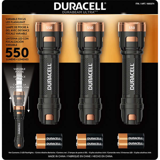 Rakuten - 【外箱不良】DURACELL LED 防滴 懐中電灯 3本セット 550ルーメン 3パターン 点灯 黒 単4形 電池4本つき 防災 アウトドア キャンプ 電池 コストコ 1600274