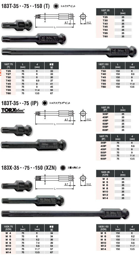 Ko-ken 183T-75-T25 DIN3126 E11.2 インパクト トルクス ビット 75mm T25 コーケン...