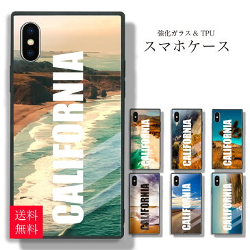 スマホケース iPhone x ケース iphone8ケース iPhone7 iPhone6s plus ハードケース 強化ガラス CALIFOENIA デザイン 高級感 スマホカバー 携帯ケース アイフォンケース スクエア型 四角 耐衝撃 背面ガラス