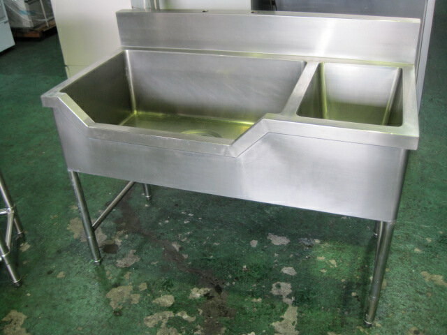 【W1200xD600xH800mm】【業務用】【中古】　ダスト穴付舟形1槽シンク　C8210　バックガード　H150xD50m..