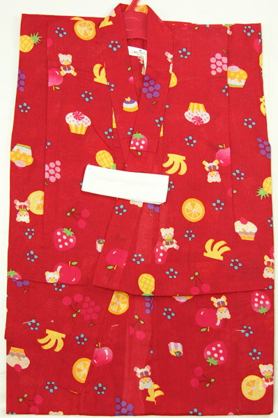 子供ゆかた仕立上がり品　女の子　5〜6才用　赤色にモダン柄　ジュニア浴衣