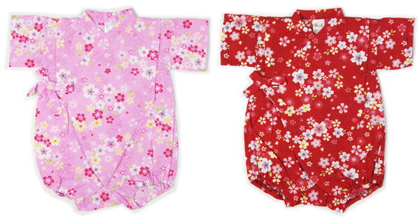 赤ちゃん女の子ロンパース甚平　70cm・80cm　赤/ピンク色生地に花柄　日本製