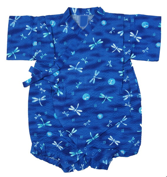 赤ちゃん男の子ロンパース甚平　70・80cm　紺色、薄水色生地にトンボ柄　日本製