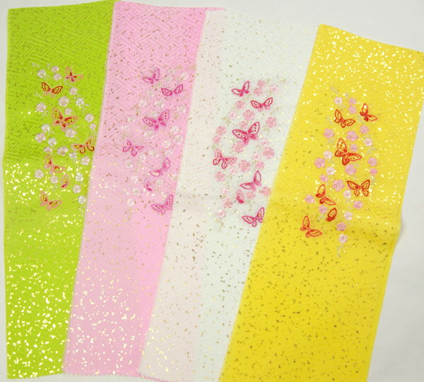 子供七五三着物　半衿　黄色・白色・ピンク・黄緑(ひわ色)　　刺繍　正絹　着付小物　ジュニア和装小物 ●商品説明 子供の着物の半襦袢の半衿、刺繍の黄色・白色・ピンク・黄緑(ひわ色)　。 柄は蝶と花柄 全体に金箔がちりばめられています。 ● サ...