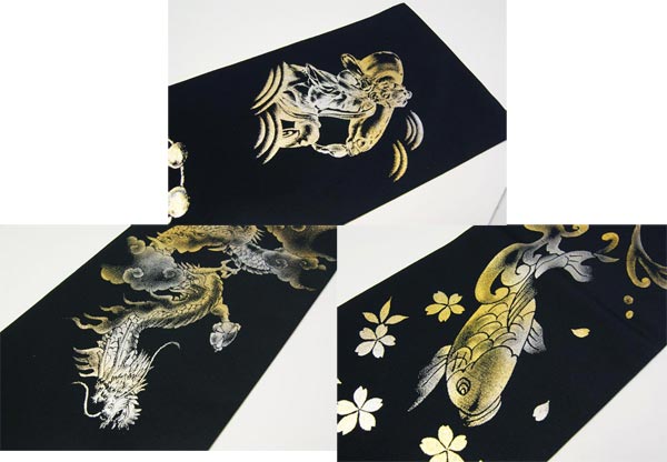 男物長襦袢用金銀加工黒色半衿ポリエステル　3柄　個性的男衿　和装小物　日本製