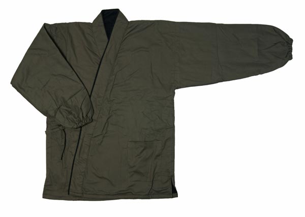 冬用作務衣　カーキ色綿紬生地　裏フリースわた入り　S/M/L/LLサイズ　カジュアル和雑貨