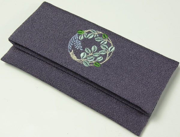 念珠入れ　ちりめん　紫色　刺繍飾り紋入り　数珠入れ和雑貨