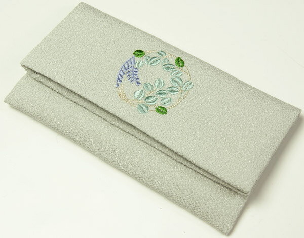 念珠入れ　ちりめん　グレー色　刺繍飾り紋入り　数珠入れ和雑貨