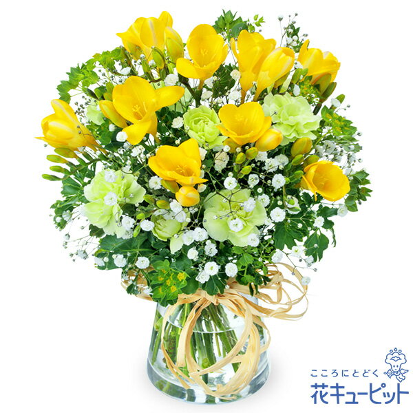 【成人の日】花キューピット 成人式 お祝い 記念日 フラワーギフト 友達 彼氏彼女 孫 子供 フリージアのグラスブーケ（花瓶付き）mb00-524264