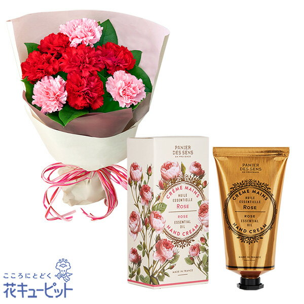 【母の日セットギフト】花キューピット お祝い 感謝 誕生日 祖母 義母 プレゼント カーネーションの花束（レッド）とエッセンシャルズ ハンドクリーム（ローズ）mt03co05-co05521350